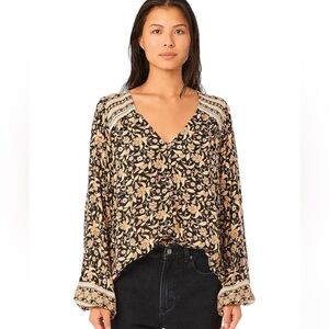 Ripcurl floral button front vneck long sleev blouse black tan L boho, Lagan look